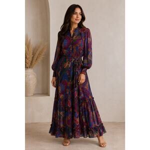 FARM Rio Maxi Dress Medium Colorful Abstract Print Button Front Tie Waist Boho